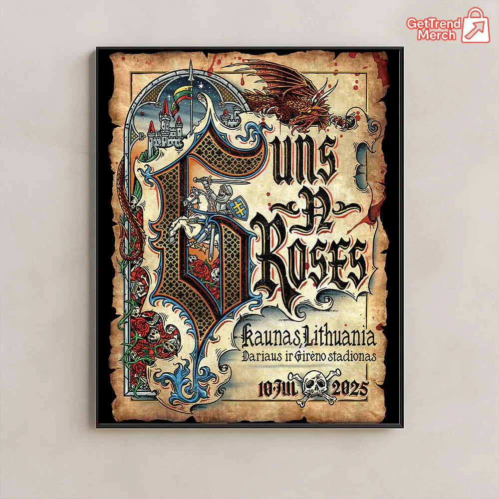 Guns N' Roses Kaunas 2025 Tour Poster Canvas | Medieval Knight Dragon Wall Art | July 10 Concert Print - Get Trend Merch