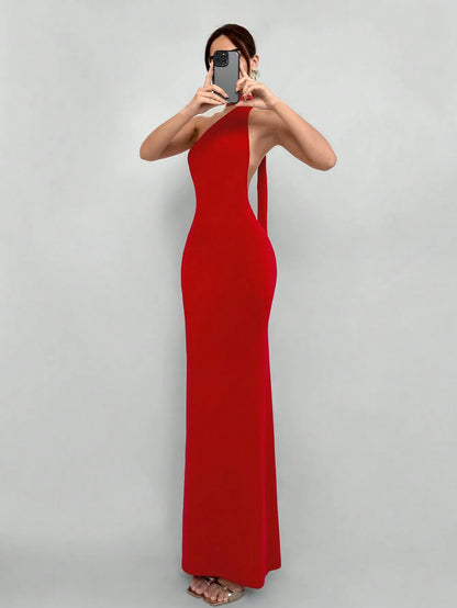Red Backless Halter Maxi Dress