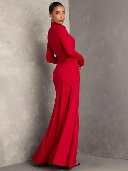 Elegant Pleated Maxi Dress with Stand Collar