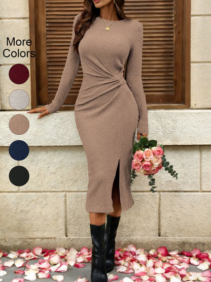 Solid Round Neck Belted Midi Dress