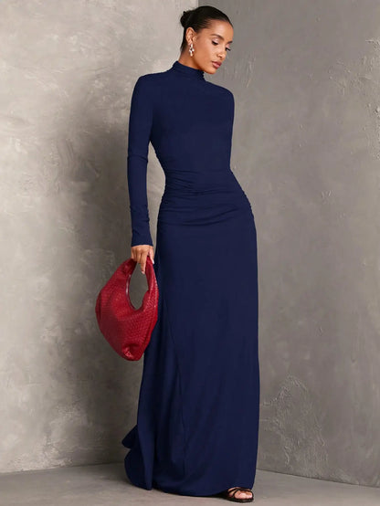 Elegant Pleated Maxi Dress with Stand Collar