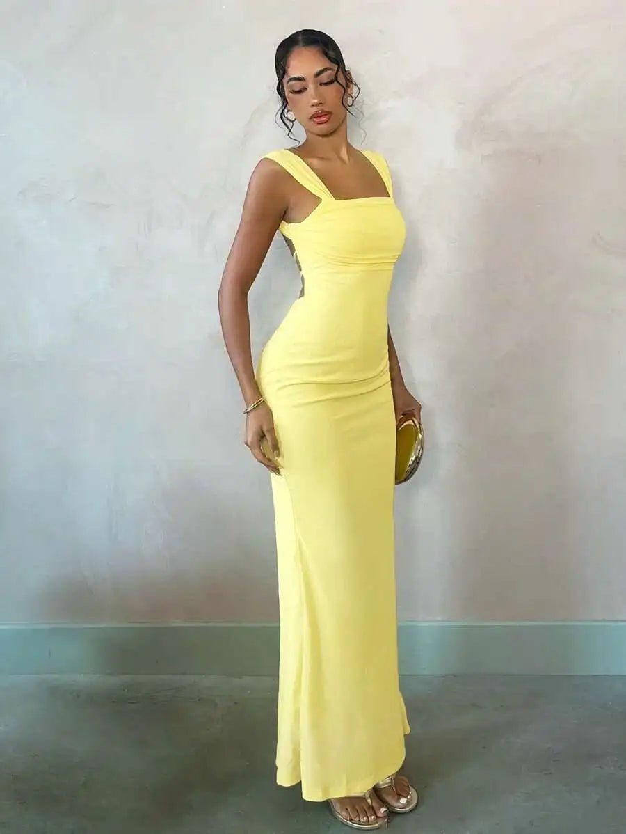 Pastel Yellow Backless Maxi Dress for Summer