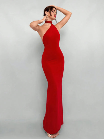 Red Backless Halter Maxi Dress