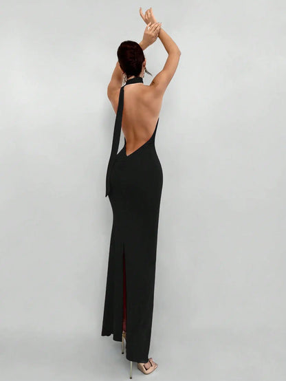 Red Backless Halter Maxi Dress