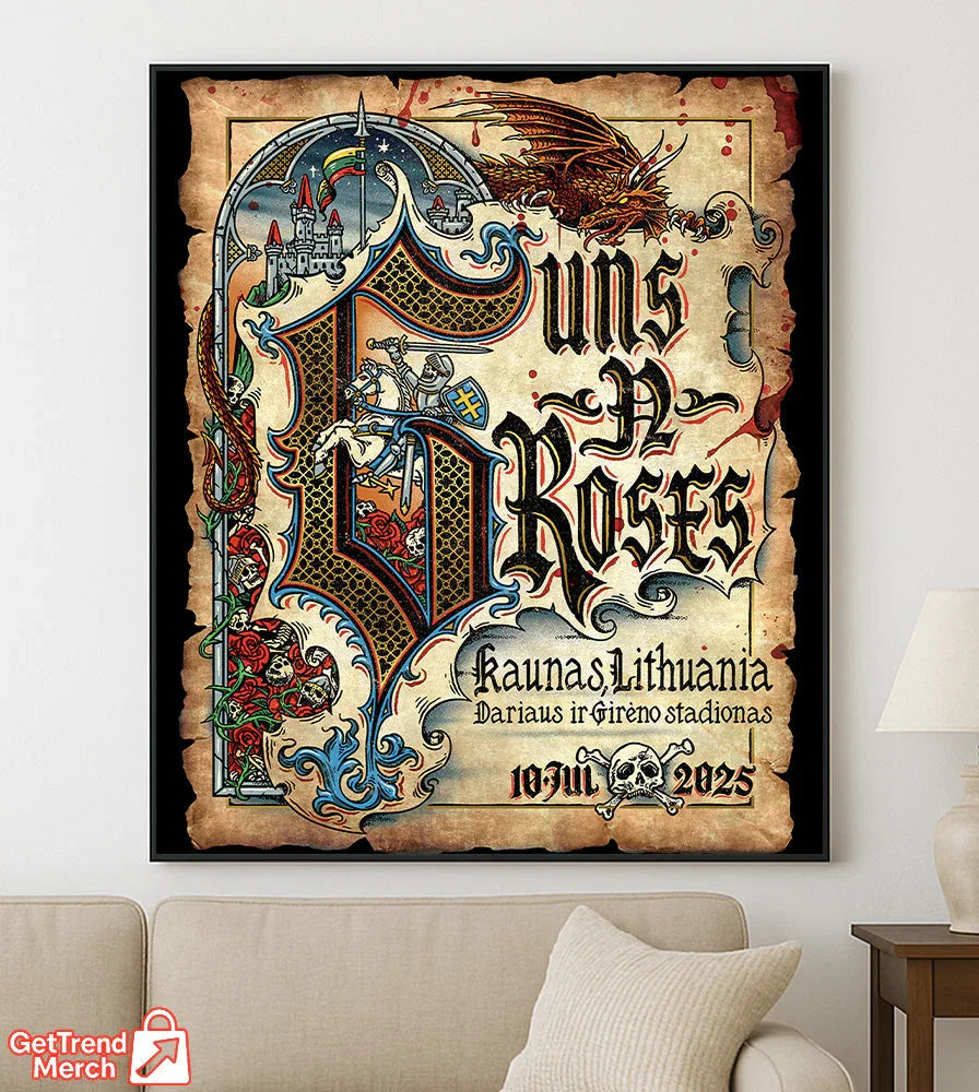Guns N' Roses Kaunas 2025 Tour Poster Canvas | Medieval Knight Dragon Wall Art | July 10 Concert Print - Get Trend Merch