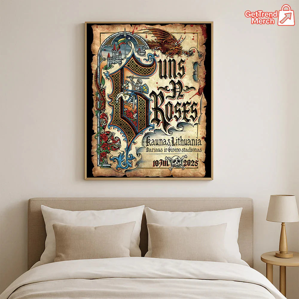 Guns N' Roses Kaunas 2025 Tour Poster Canvas | Medieval Knight Dragon Wall Art | July 10 Concert Print - Get Trend Merch